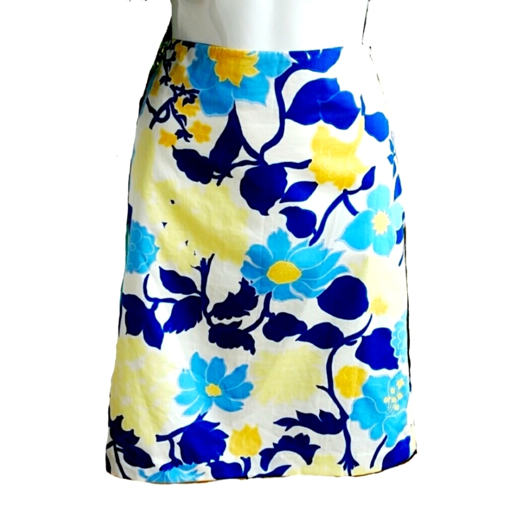 Ann Taylor Floral Yellow and Blue 100% Cotton Pencil Skirt Size 12P